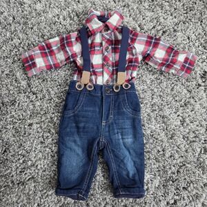 Cat and Jack Plaid Shirt Onsie with Denim Overall and Elastic Suspenders Newborn